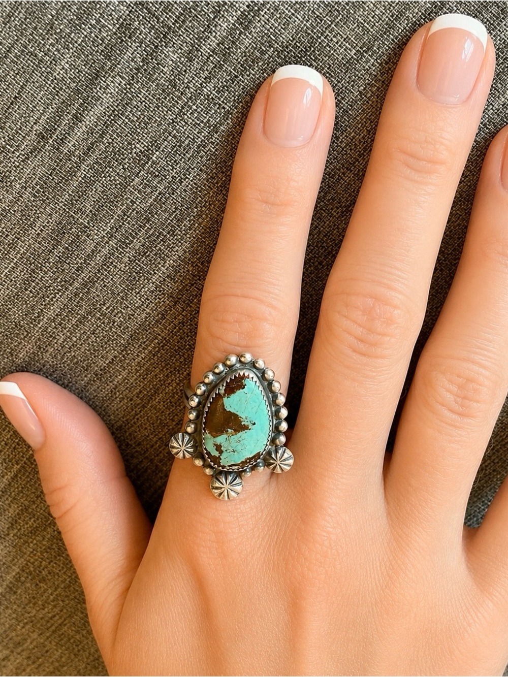 Ring - Navajo - Traditional Beaded Accents & Sunbursts - Sterling & Turquoise.
